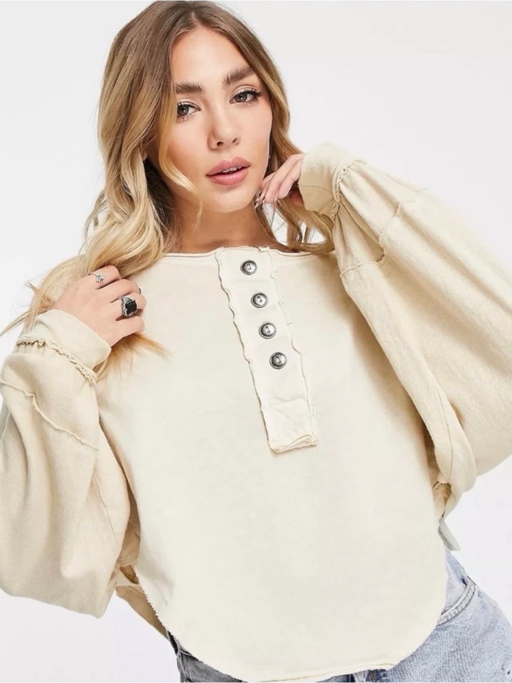 We The Free Cream Cropped Henley Sweatshirt